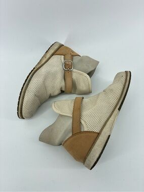 Beige Perforated Leather Ankle Boots with Tan Strap